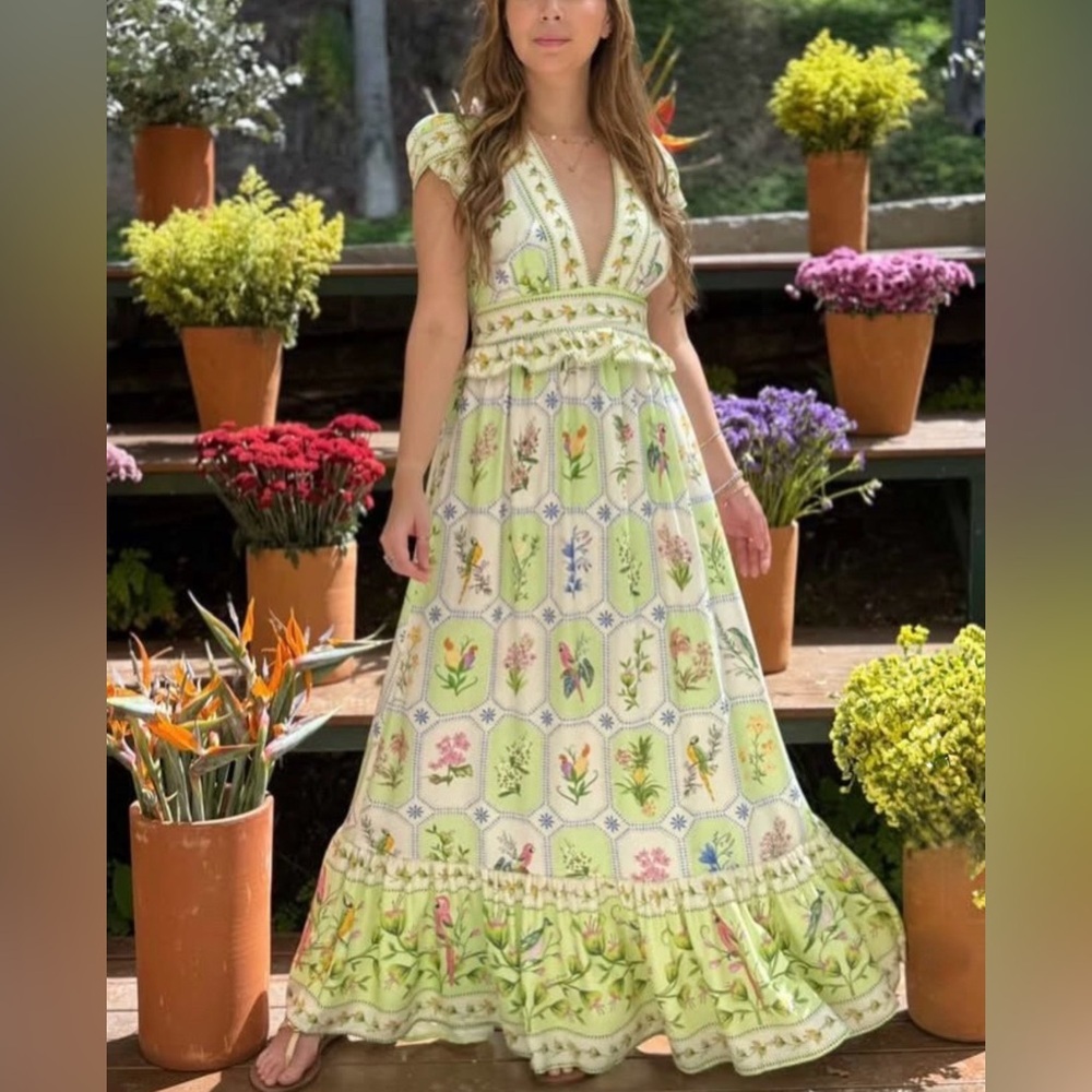 FARM Rio Floral Porcelain Green Long Dress Size S - Picture 2 of 11